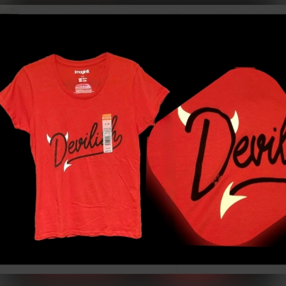 Imagin8 red devil horns & tail Devilish graphics Halloween t shirt S NWT - Picture 13 of 16